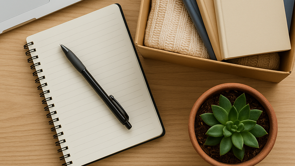 Korraldatud tööala – visuaalne näide korrastusmeetodist“ või „Korralik ruum sülearvuti, märkmik ja organiseeritud karbiga